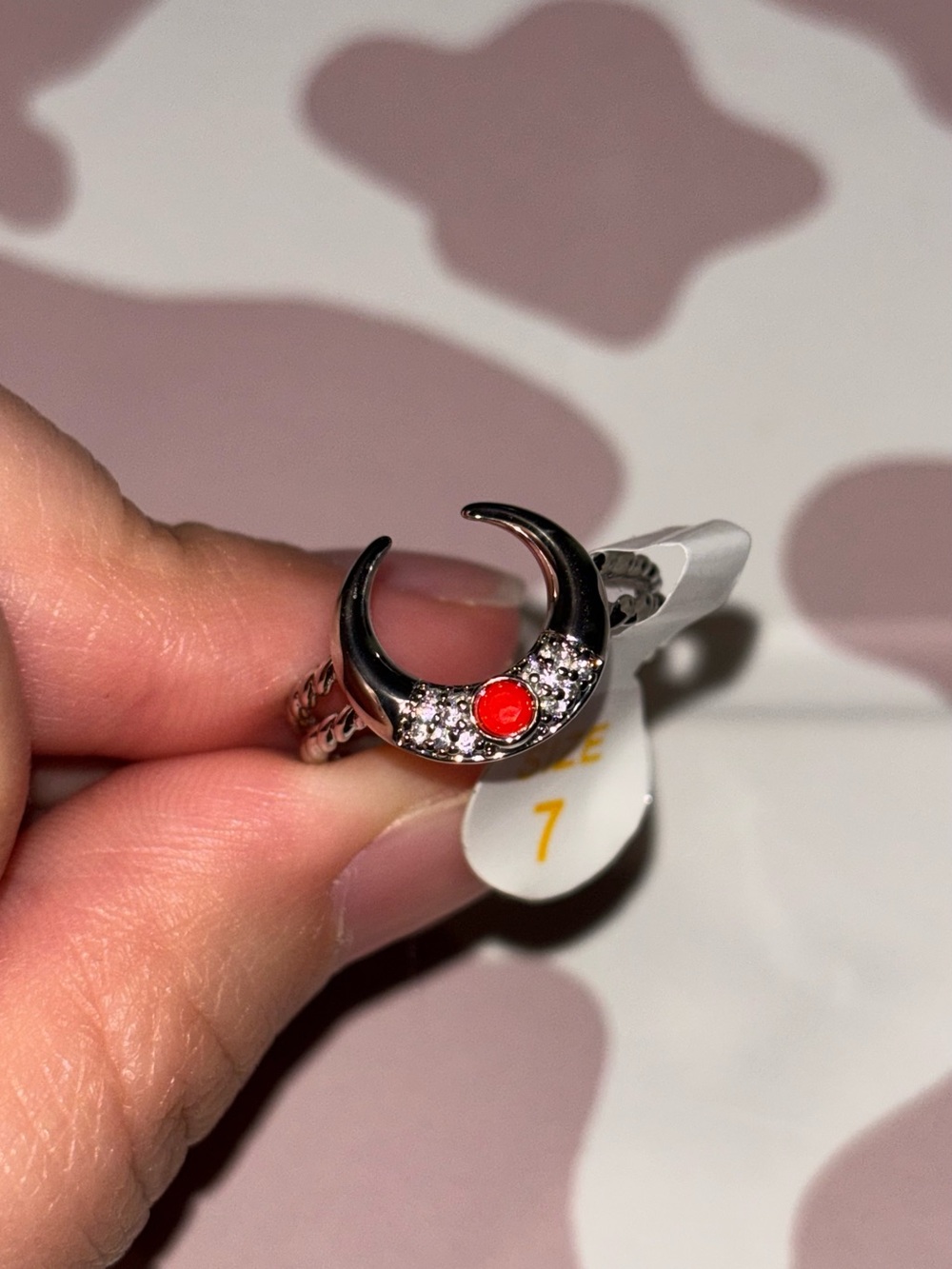 Silver Crescent Moon Ring with Red Magnesite